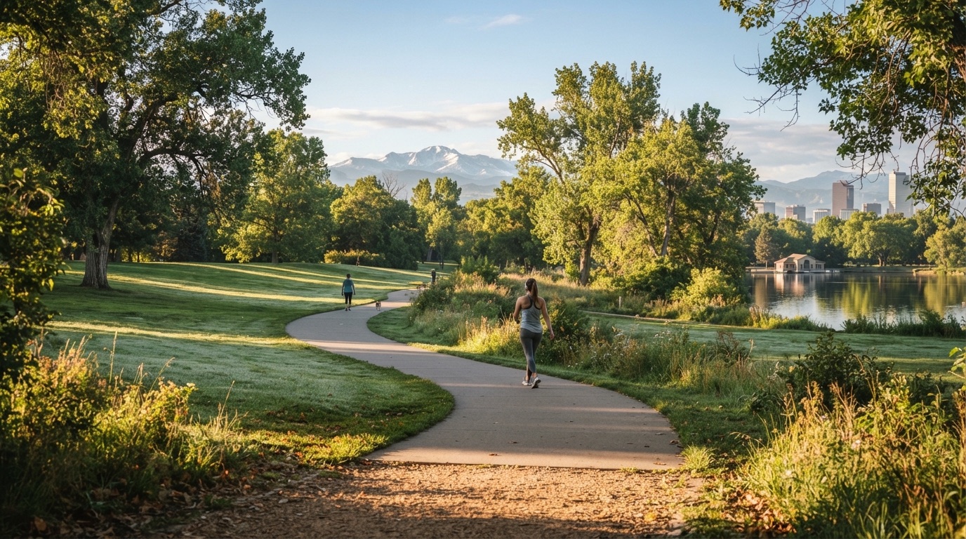Walking path through a sunny Denver park with the skyline and mountains in the distance